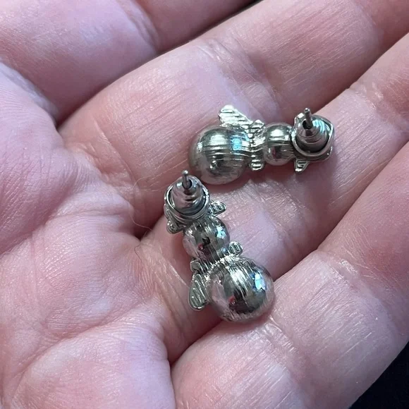 VTG Y2K Christmas Snowman Rhinestone Silver Tone Metal Stud Post Earrings - Picture 4 of 5
